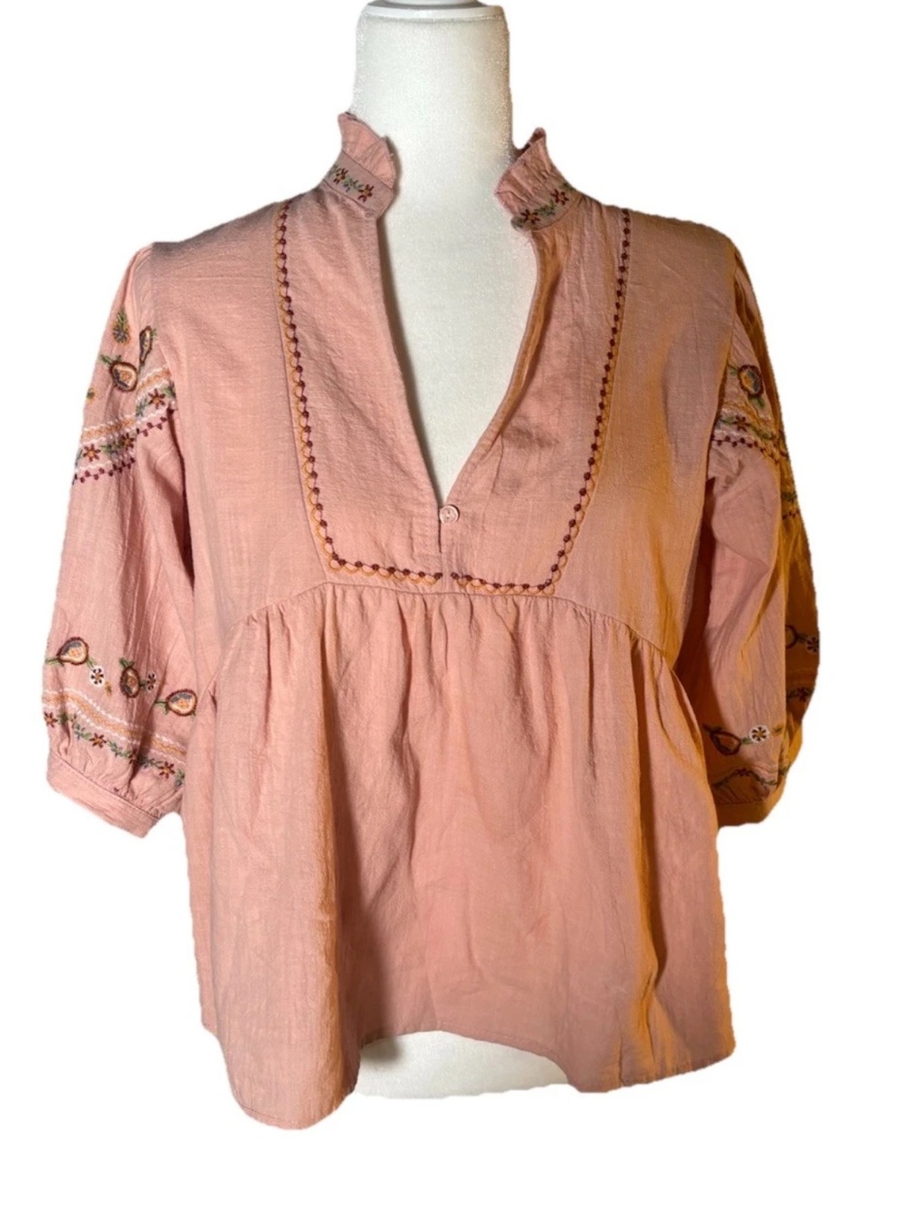 Petal & Pup Prairie Embroidered Peasant Top Salmon Pink S - Picture 2 of 8